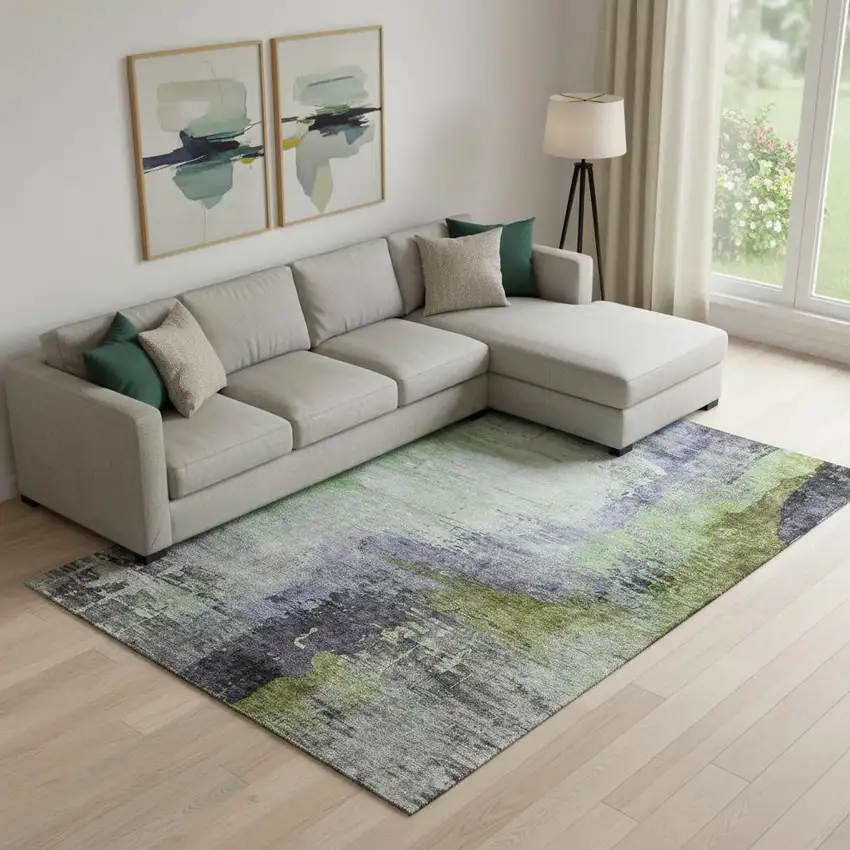 Plum And Green Abstract Washable Area Rug With UV Protection Photo 2