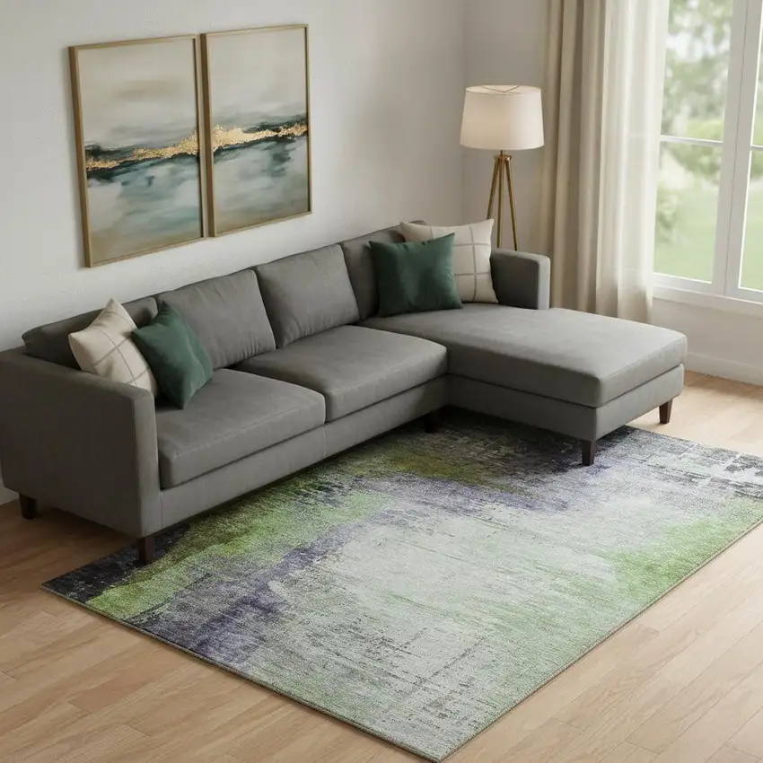 Plum And Green Abstract Washable Area Rug With UV Protection Photo 2