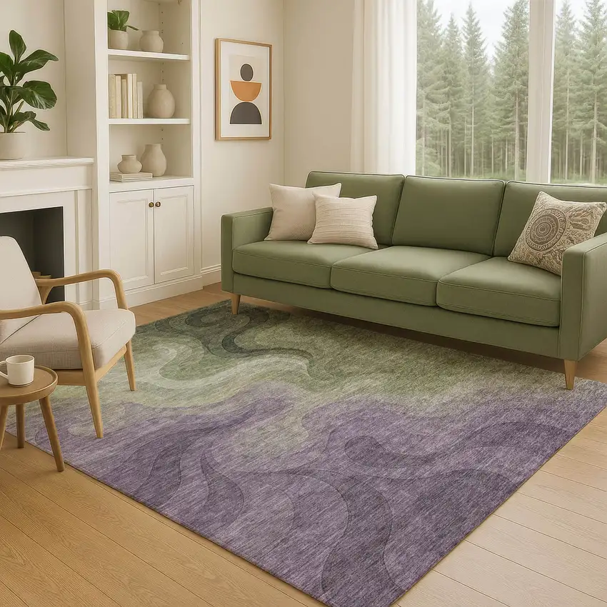 Plum And Green Abstract Washable Indoor Outdoor Area Rug Photo 5