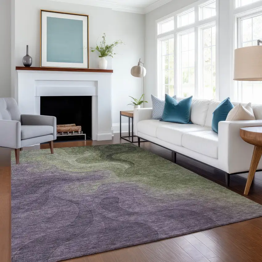 Plum And Green Abstract Washable Indoor Outdoor Area Rug Photo 6