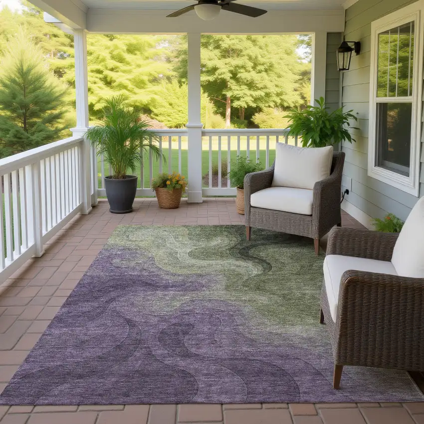 Plum And Green Abstract Washable Indoor Outdoor Area Rug Photo 4