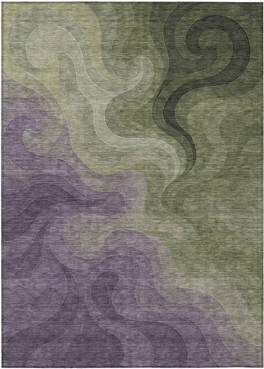 Plum And Green Abstract Washable Indoor Outdoor Area Rug Photo 1
