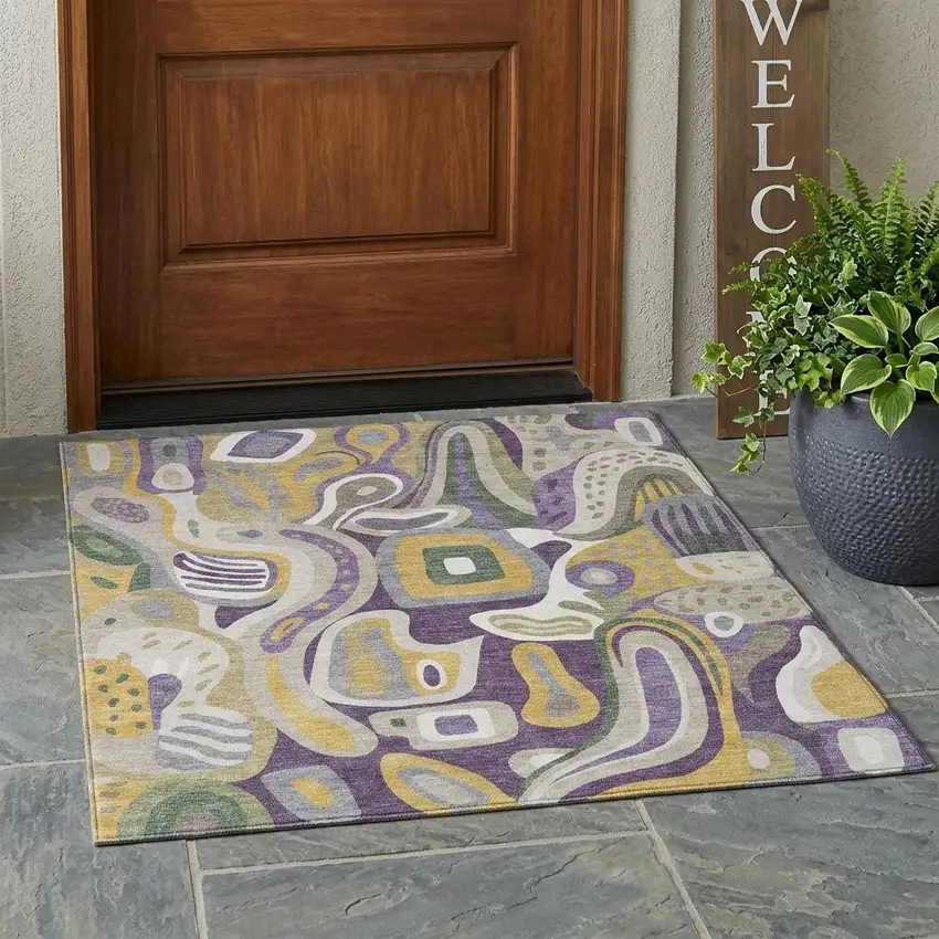 Plum And Green Abstract Washable Indoor Outdoor Area Rug Photo 1