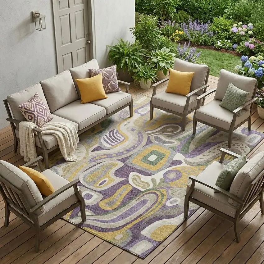 Plum And Green Abstract Washable Indoor Outdoor Area Rug Photo 1