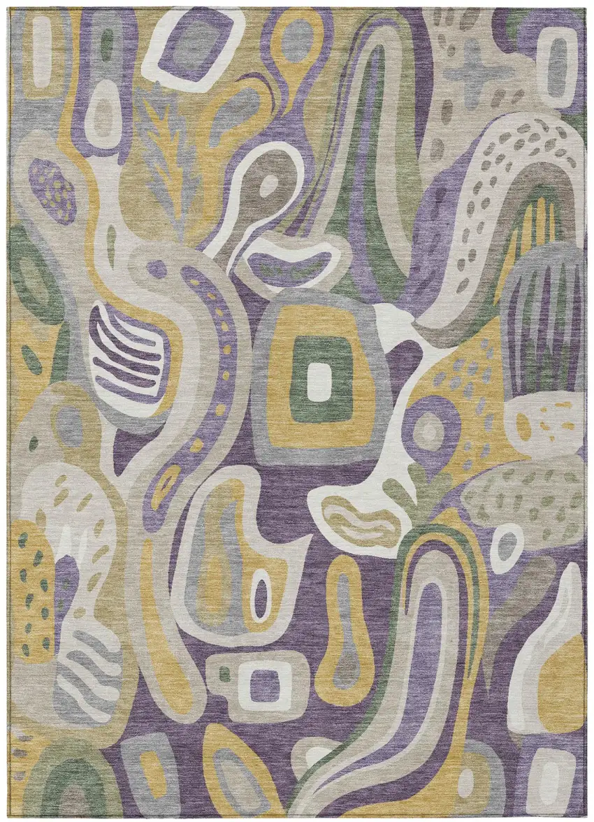 Plum And Green Abstract Washable Indoor Outdoor Area Rug Photo 2