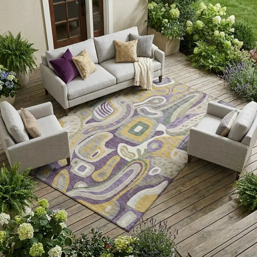 Plum And Green Abstract Washable Indoor Outdoor Area Rug Photo 1