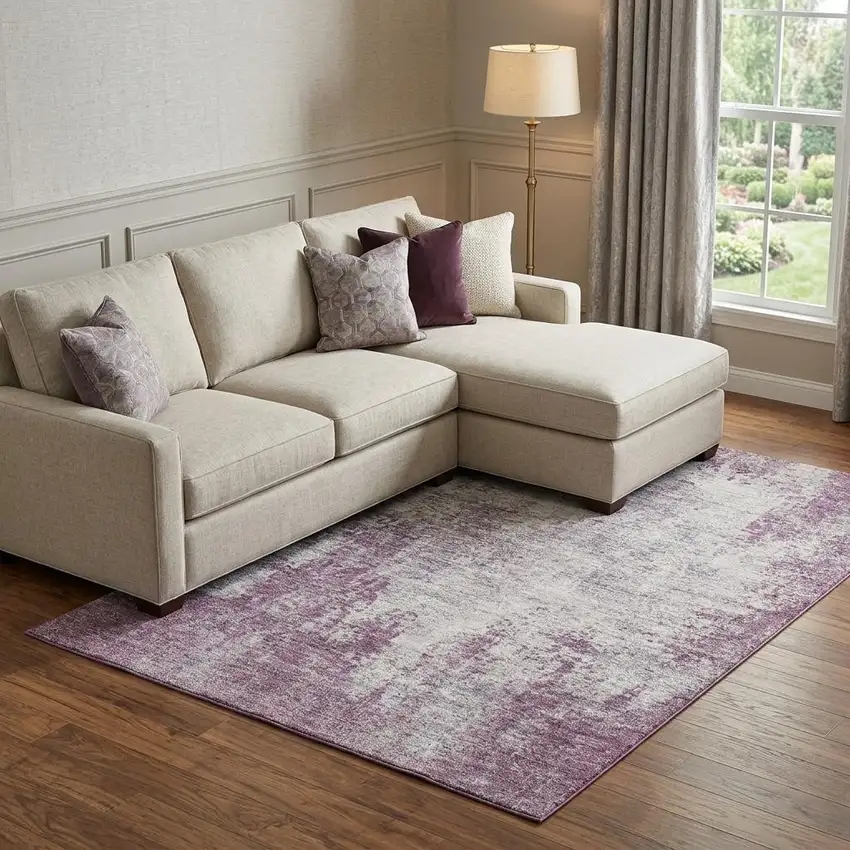 Plum And Ivory Abstract Washable Area Rug With UV Protection Photo 1