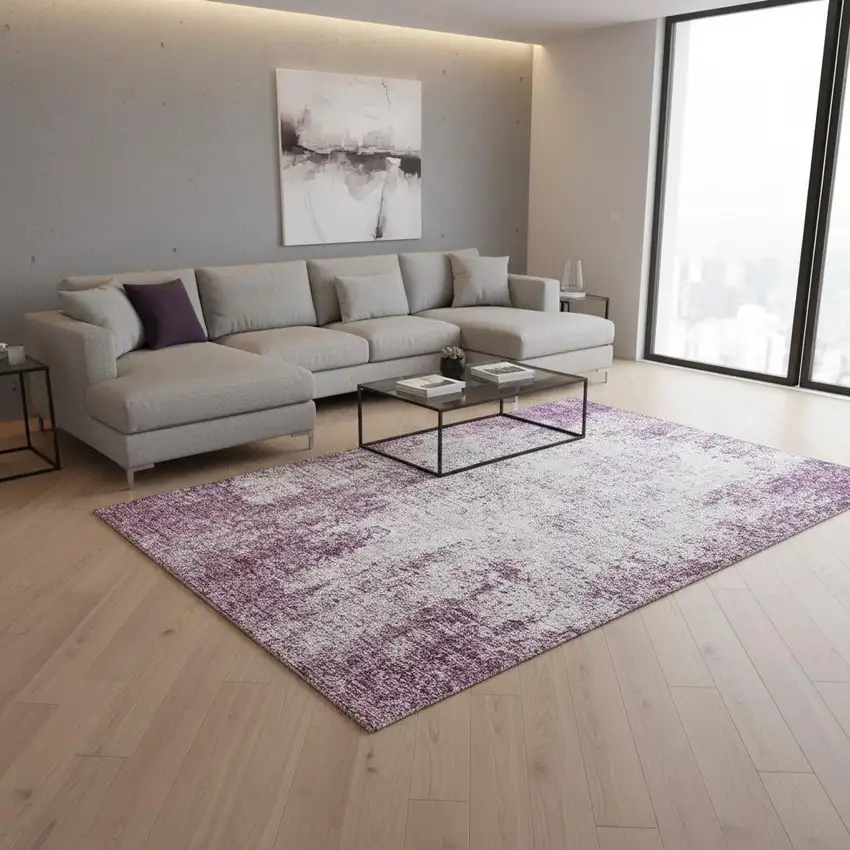 Plum And Ivory Abstract Washable Area Rug With UV Protection Photo 2