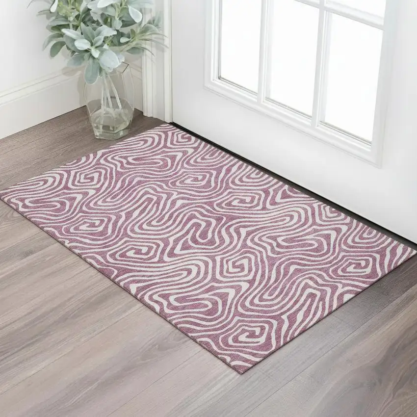 Plum And Ivory Abstract Washable Area Rug With UV Protection Photo 2