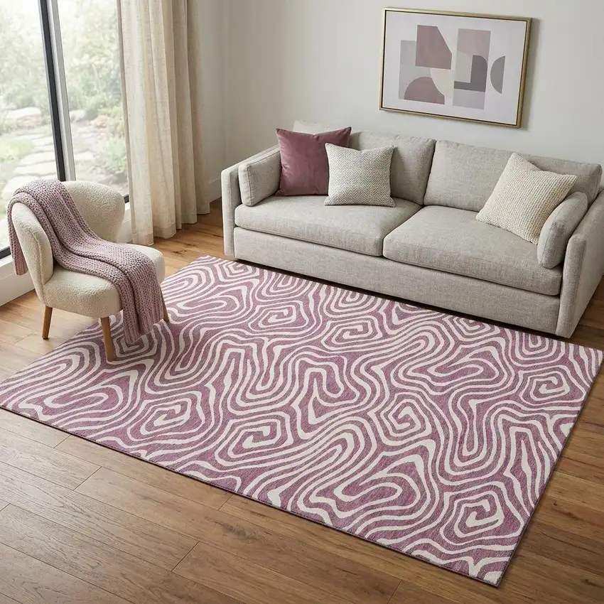 Plum And Ivory Abstract Washable Area Rug With UV Protection Photo 1