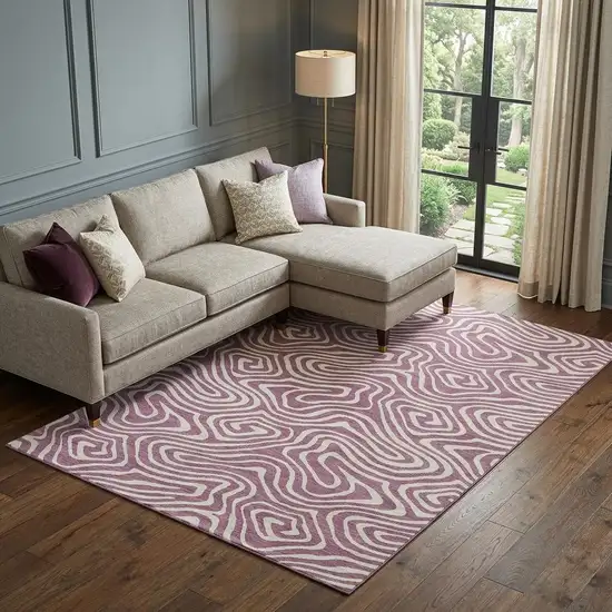 Plum And Ivory Abstract Washable Area Rug With UV Protection Photo 1