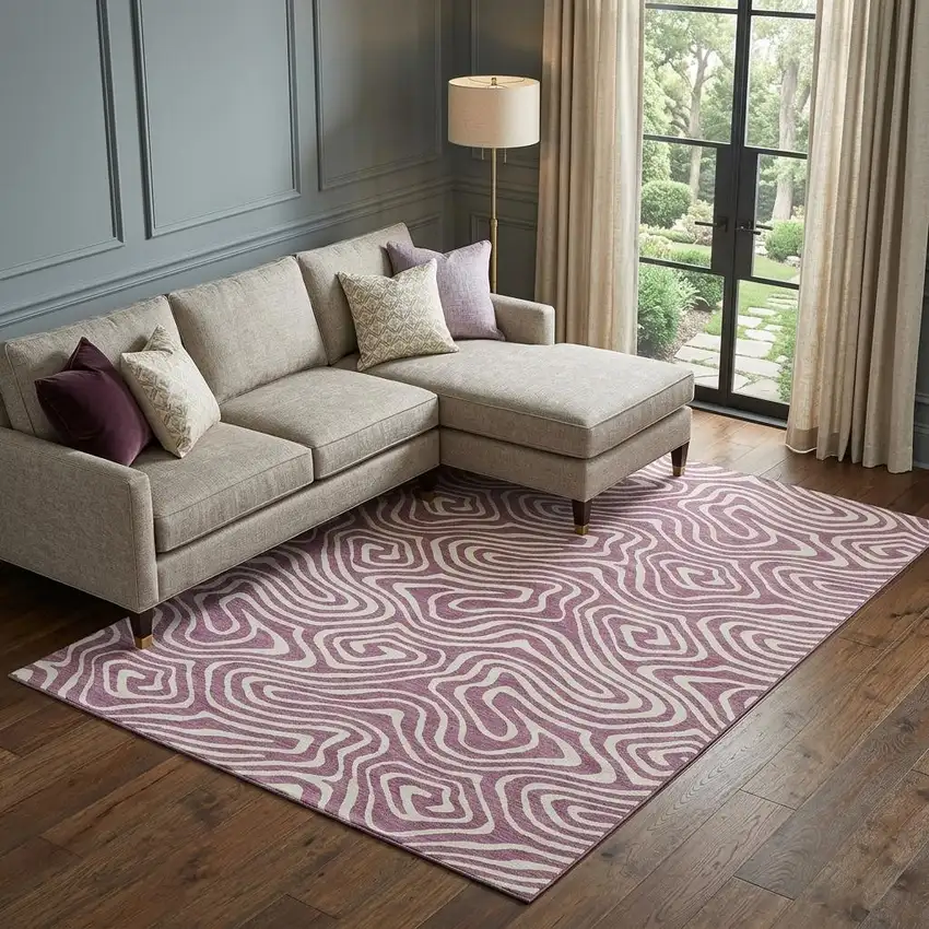 Plum And Ivory Abstract Washable Area Rug With UV Protection Photo 1