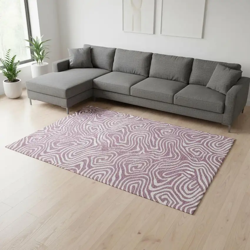 Plum And Ivory Abstract Washable Area Rug With UV Protection Photo 2