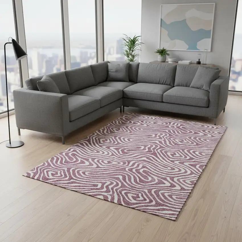 Plum And Ivory Abstract Washable Area Rug With UV Protection Photo 2
