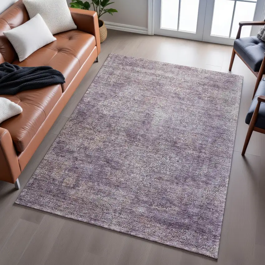 Plum And Ivory Abstract Washable Area Rug With UV Protection Photo 1