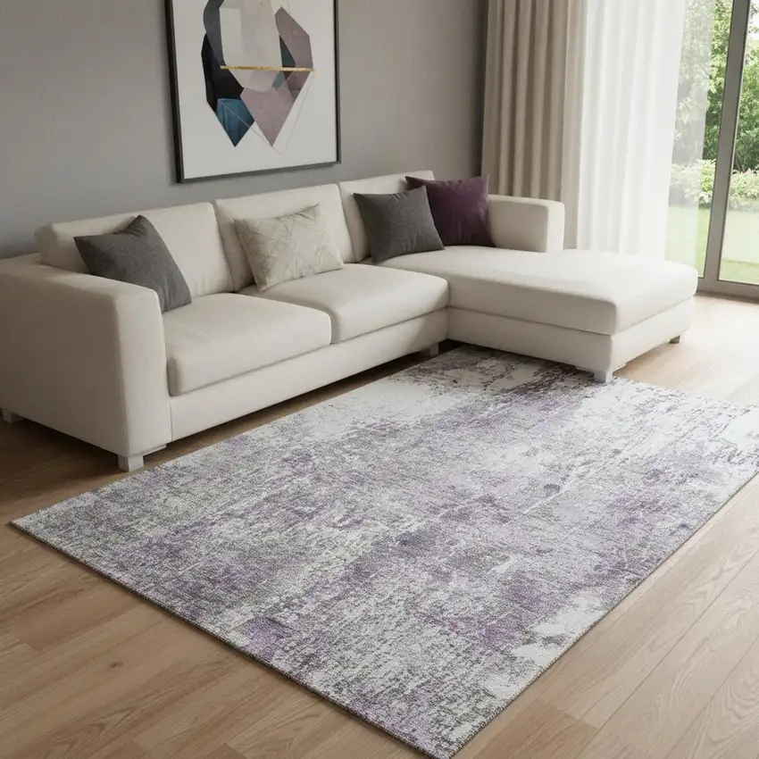 Plum And Ivory Abstract Washable Area Rug With UV Protection Photo 2