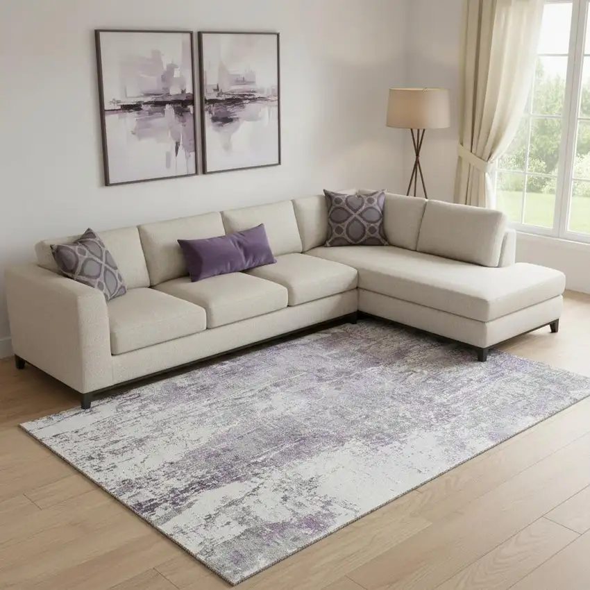 Plum And Ivory Abstract Washable Area Rug With UV Protection Photo 2