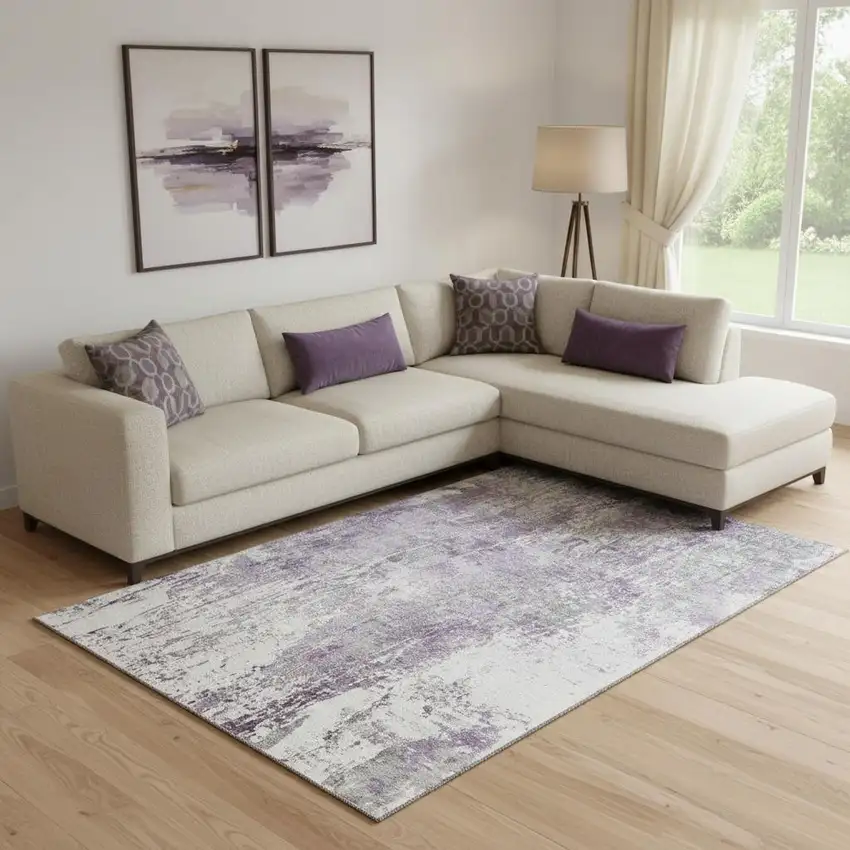 Plum And Ivory Abstract Washable Area Rug With UV Protection Photo 2