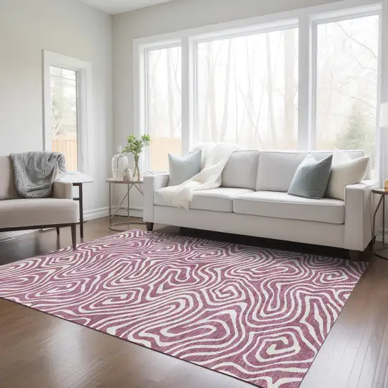 Plum And Ivory Abstract Washable Indoor Outdoor Area Rug Photo 9