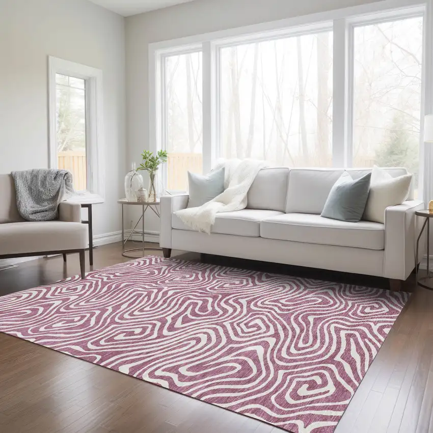Plum And Ivory Abstract Washable Indoor Outdoor Area Rug Photo 9