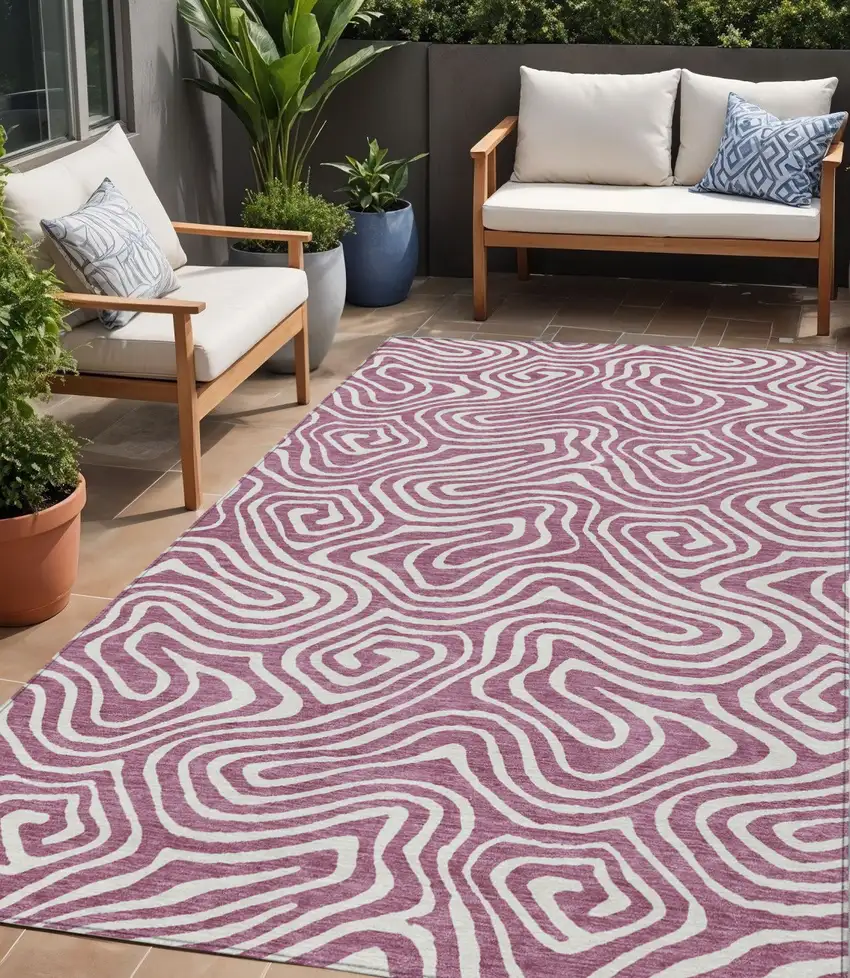 Plum And Ivory Abstract Washable Indoor Outdoor Area Rug Photo 1