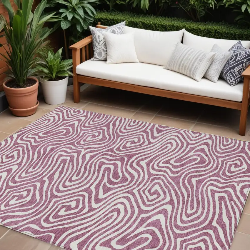 Plum And Ivory Abstract Washable Indoor Outdoor Area Rug Photo 1