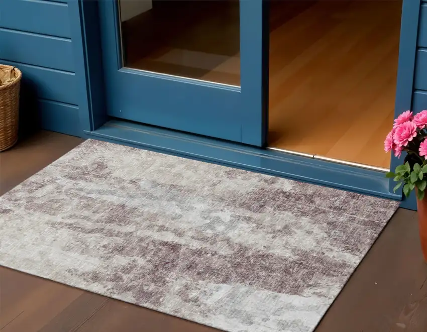 Plum And Ivory Abstract Washable Indoor Outdoor Area Rug Photo 1