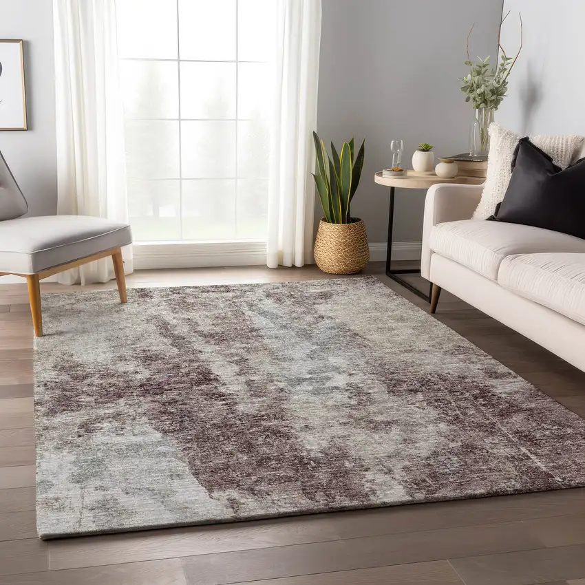 Plum And Ivory Abstract Washable Indoor Outdoor Area Rug Photo 5