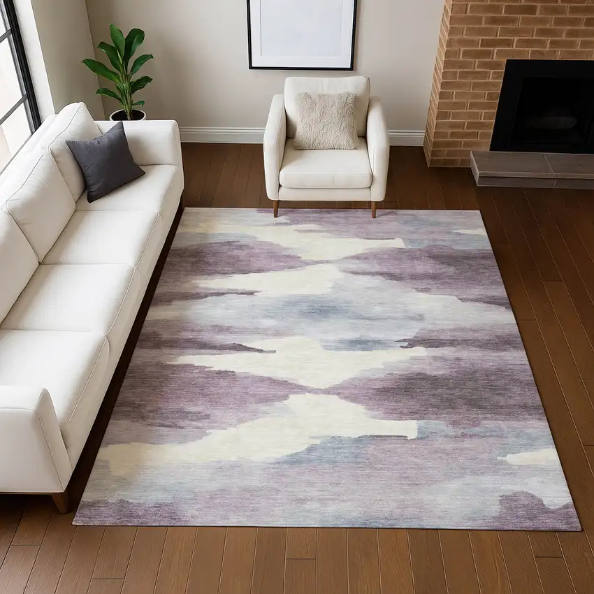 Plum And Ivory Abstract Washable Indoor Outdoor Area Rug Photo 8