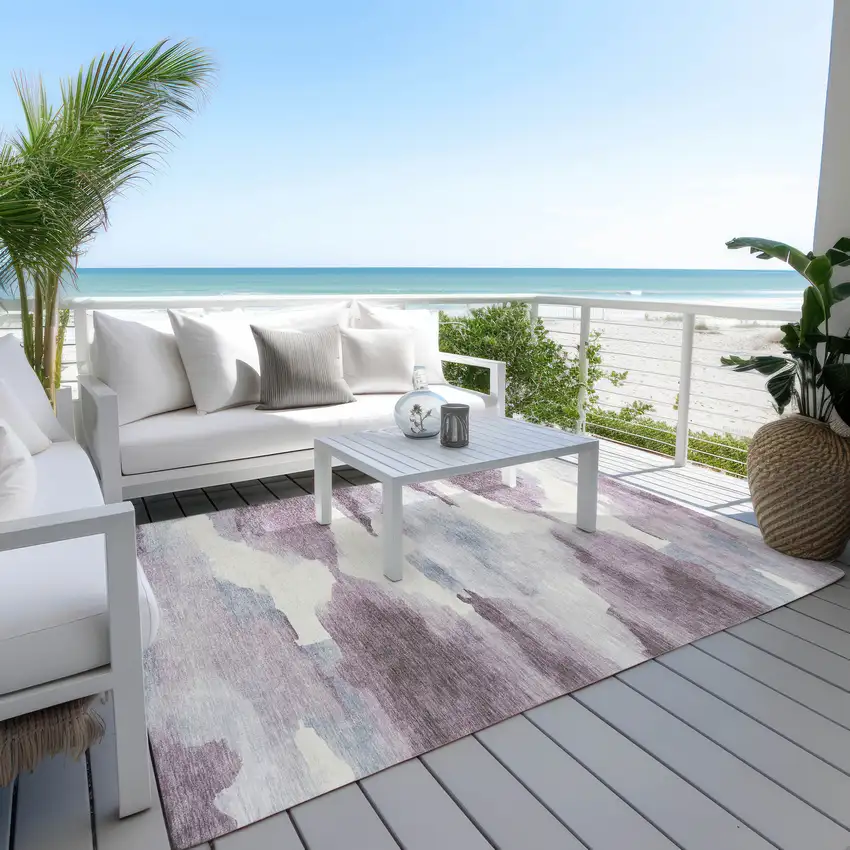 Plum And Ivory Abstract Washable Indoor Outdoor Area Rug Photo 9