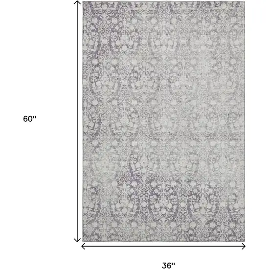 Plum And Ivory Damask Washable Area Rug With UV Protection Photo 3