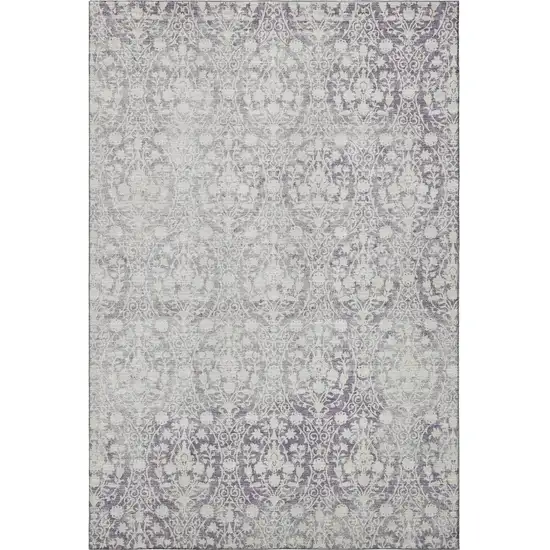 Plum And Ivory Damask Washable Area Rug With UV Protection Photo 3