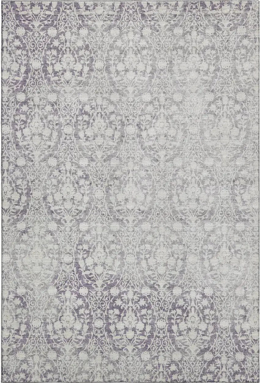 Plum And Ivory Damask Washable Area Rug With UV Protection Photo 1