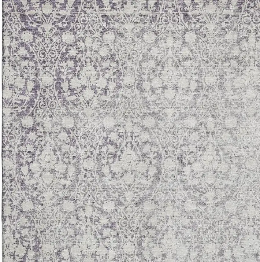 Plum And Ivory Damask Washable Area Rug With UV Protection Photo 2