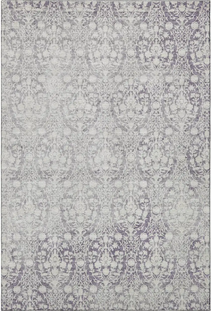 Plum And Ivory Damask Washable Area Rug With UV Protection Photo 3