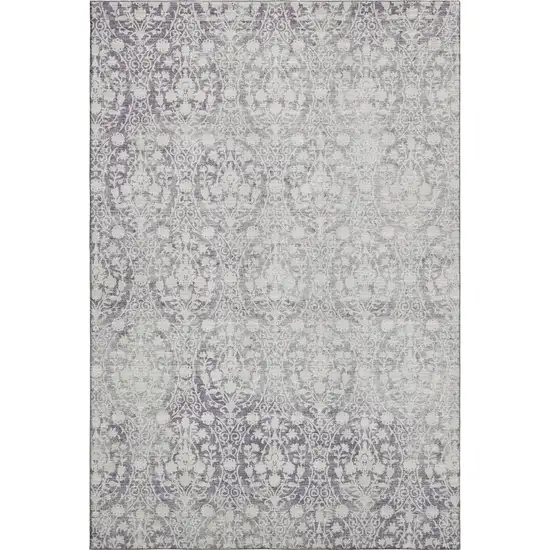 Plum And Ivory Damask Washable Area Rug With UV Protection Photo 1