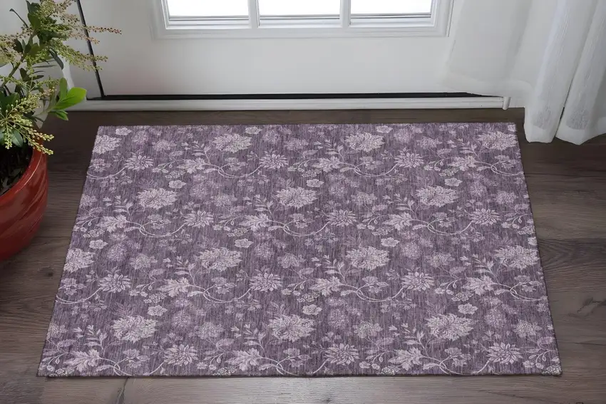 Plum And Ivory Floral Washable Area Rug With UV Protection Photo 2