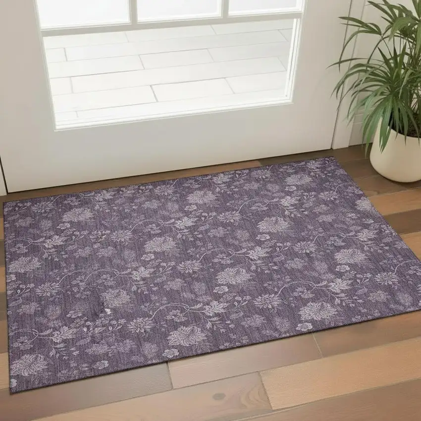 Plum And Ivory Floral Washable Area Rug With UV Protection Photo 1