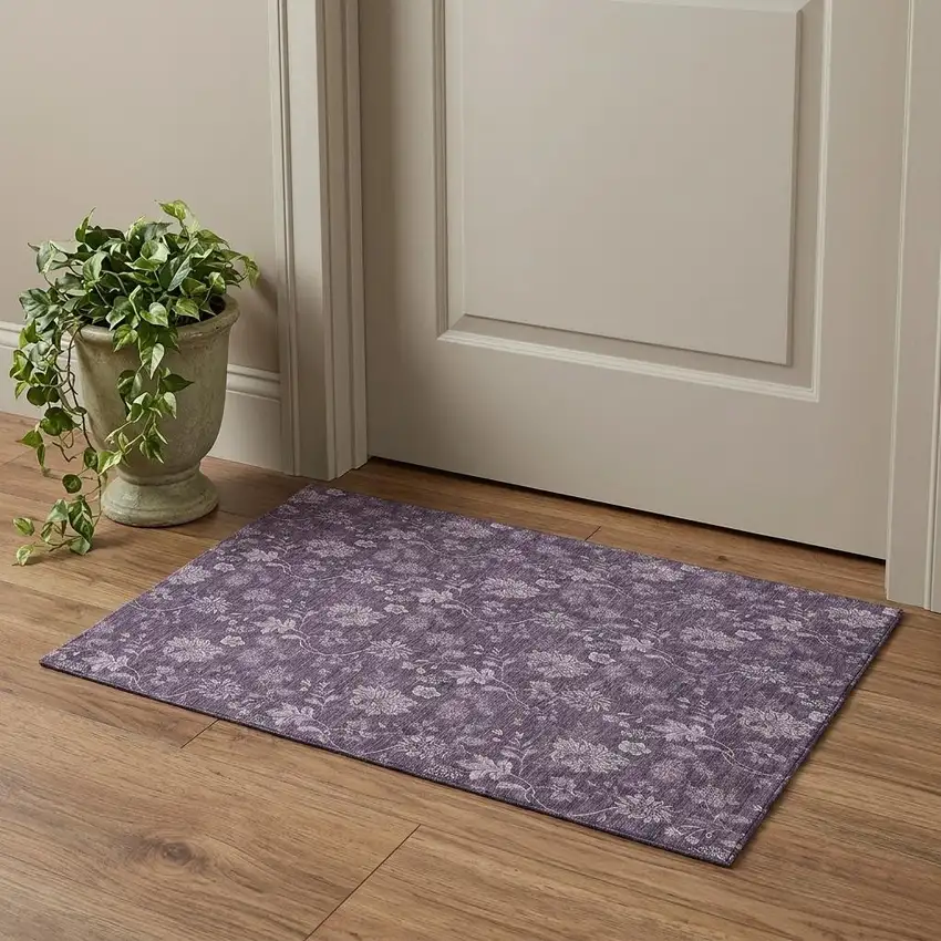 Plum And Ivory Floral Washable Area Rug With UV Protection Photo 1