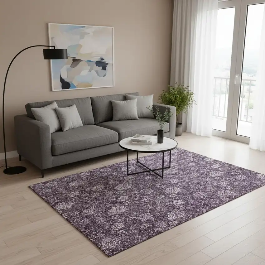 Plum And Ivory Floral Washable Area Rug With UV Protection Photo 4