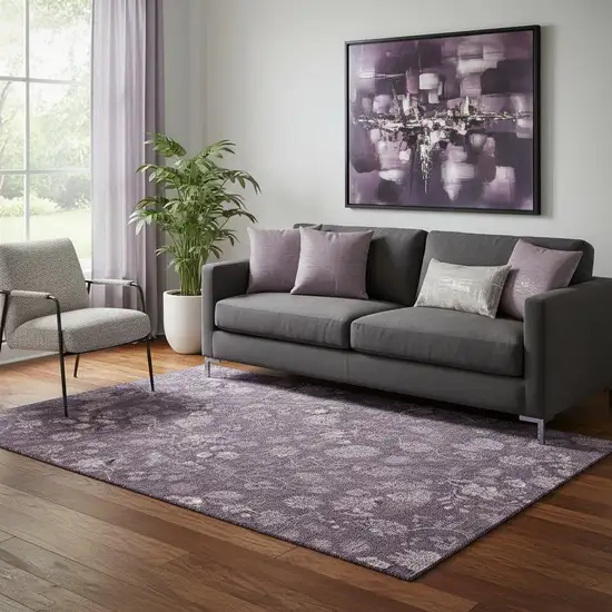 Plum And Ivory Floral Washable Area Rug With UV Protection Photo 1
