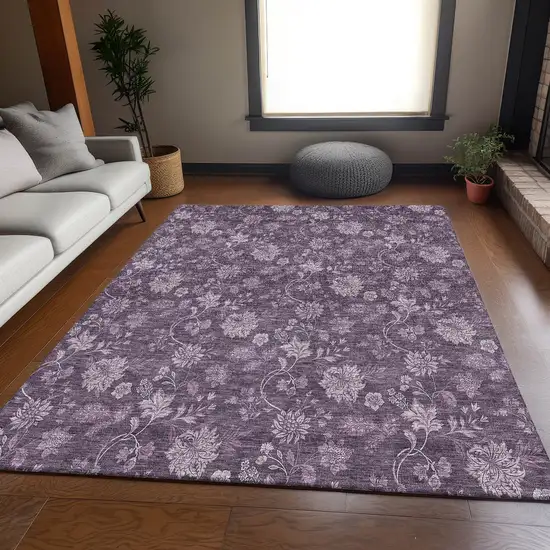 Plum And Ivory Floral Washable Area Rug With UV Protection Photo 6
