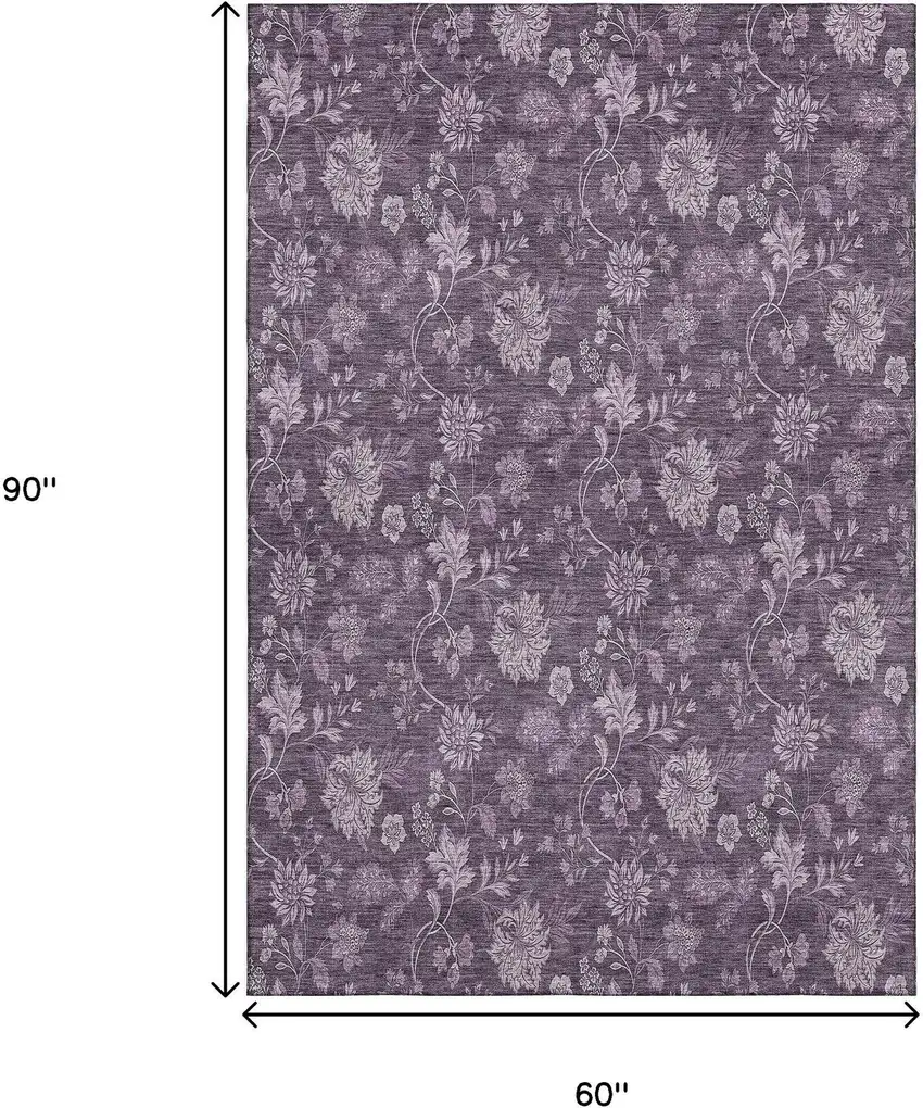 Plum And Ivory Floral Washable Area Rug With UV Protection Photo 7