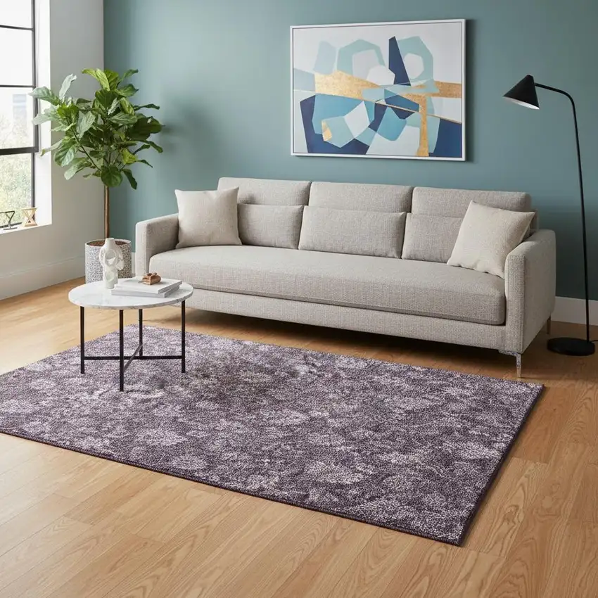 Plum And Ivory Floral Washable Area Rug With UV Protection Photo 3