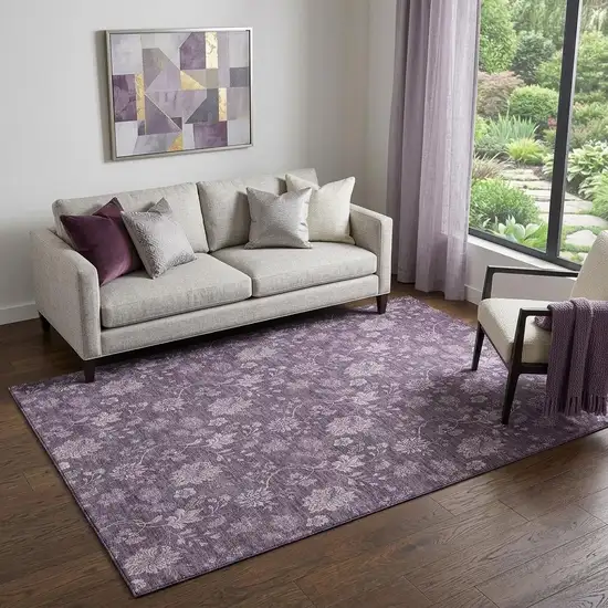 Plum And Ivory Floral Washable Area Rug With UV Protection Photo 1