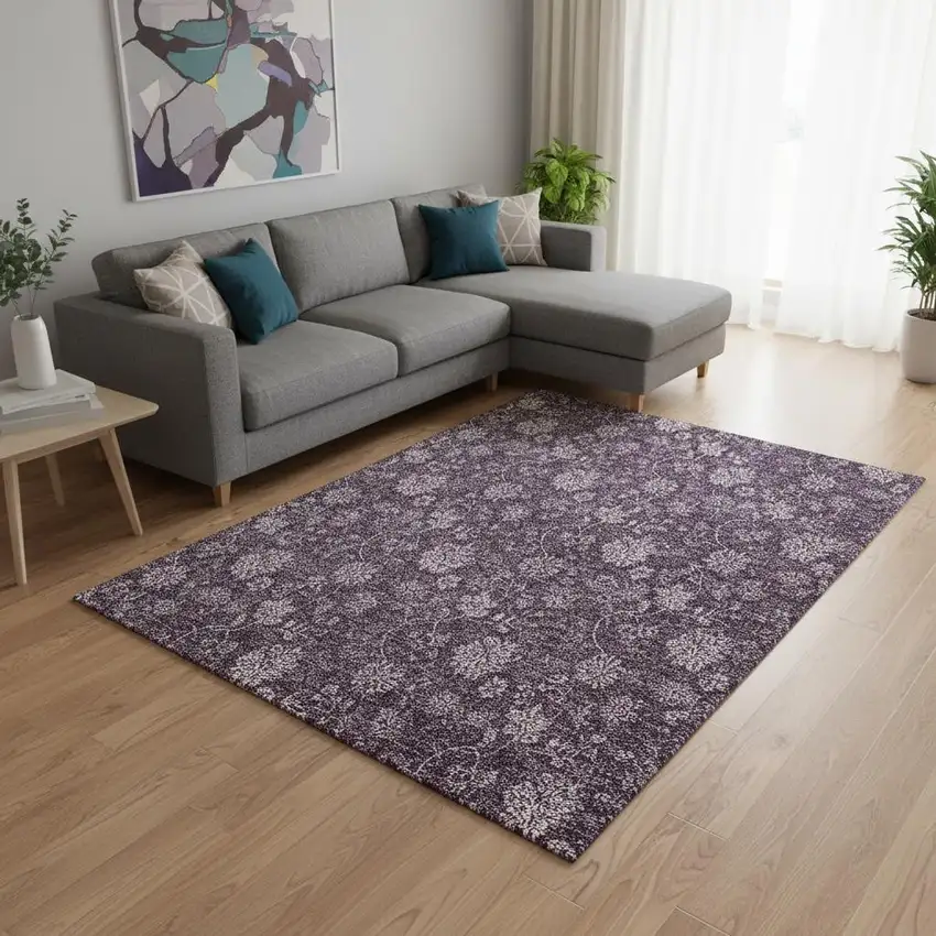 Plum And Ivory Floral Washable Area Rug With UV Protection Photo 1