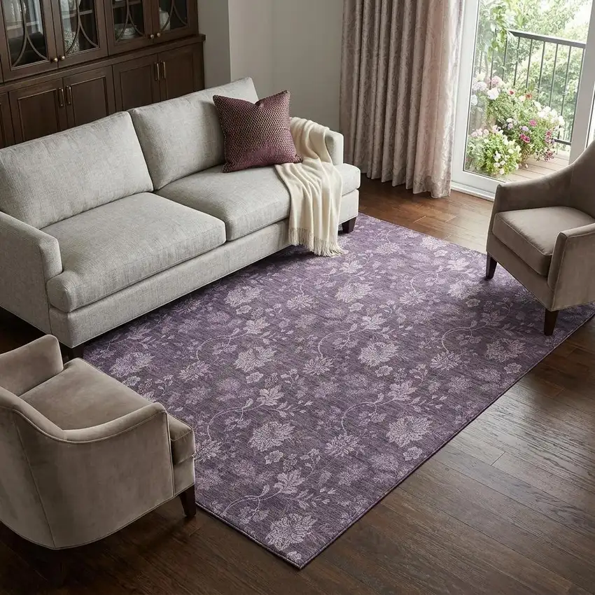 Plum And Ivory Floral Washable Area Rug With UV Protection Photo 1