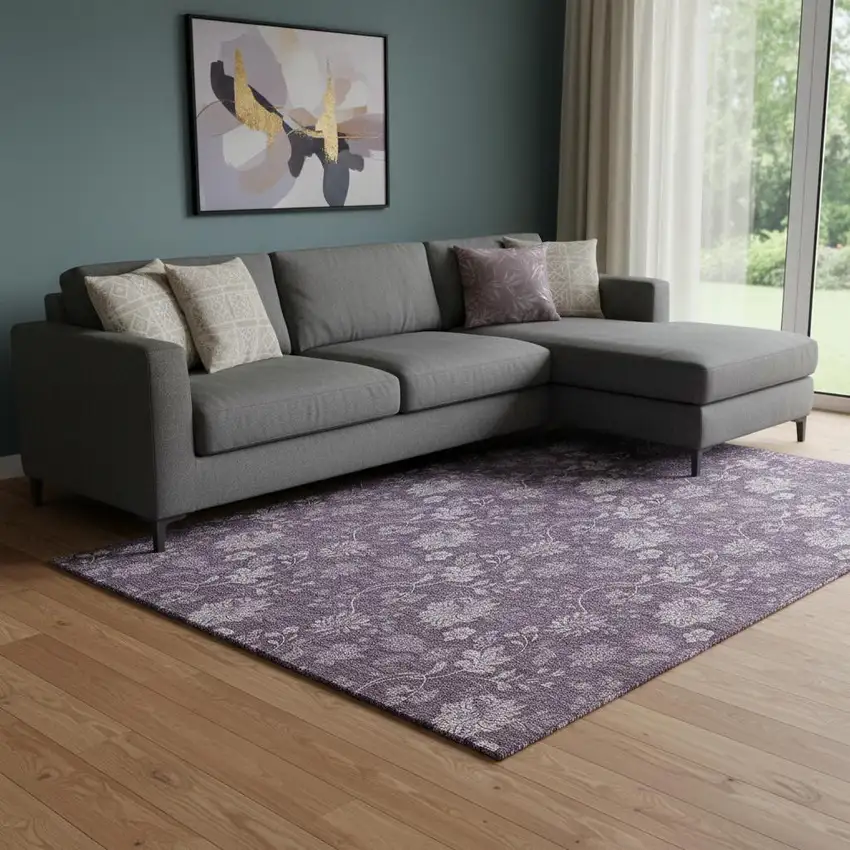 Plum And Ivory Floral Washable Area Rug With UV Protection Photo 1