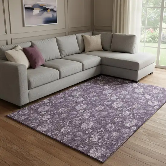 Plum And Ivory Floral Washable Area Rug With UV Protection Photo 3