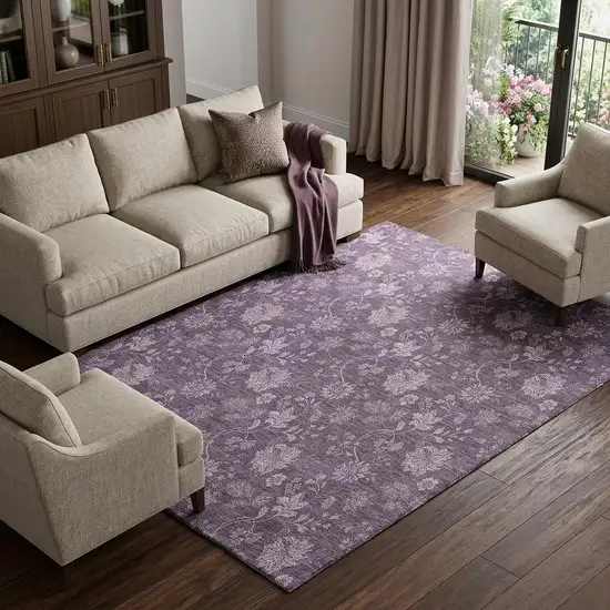 Plum And Ivory Floral Washable Area Rug With UV Protection Photo 1